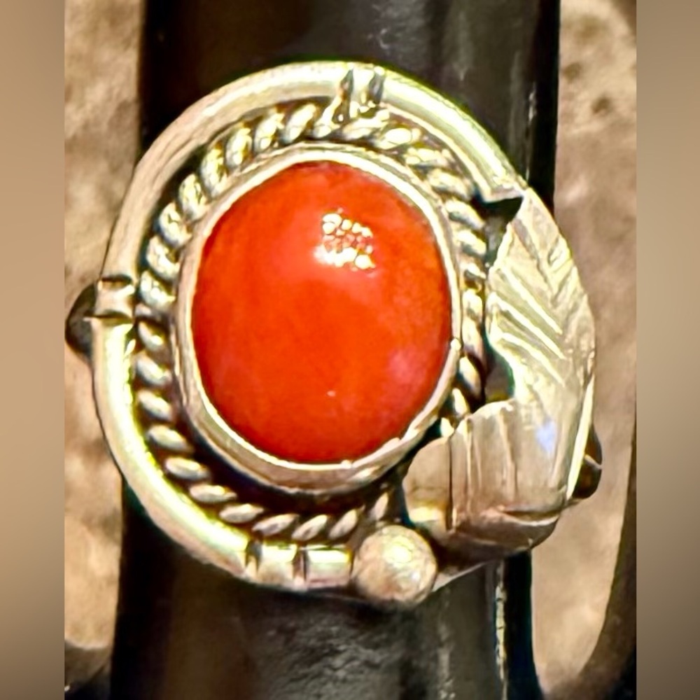 Sterling Silver Ring w/ Coral Cabochon and Rope Detail from Navaho Pawn